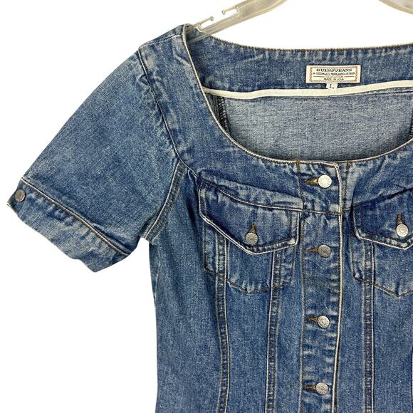 Guess Y2K Acid Wash Denim Bodycon Short Sleeve Mini Dress L - Picture 3 of 5